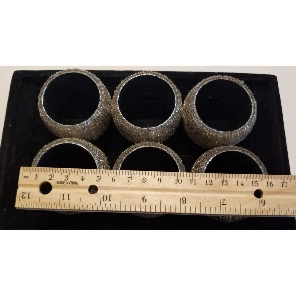 Elegant Beaded Napkin RIng Holders Silver Round Set of 6 Special Occasion
